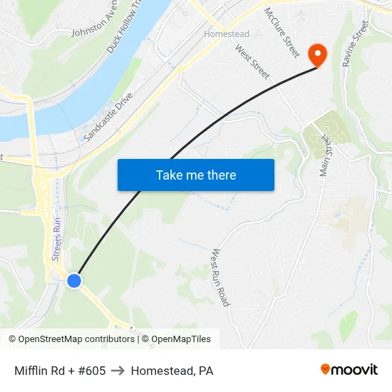 Mifflin Rd + #605 to Homestead, PA map