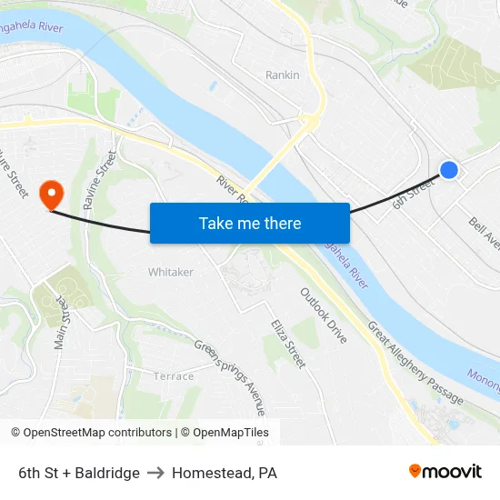 6th St + Baldridge to Homestead, PA map