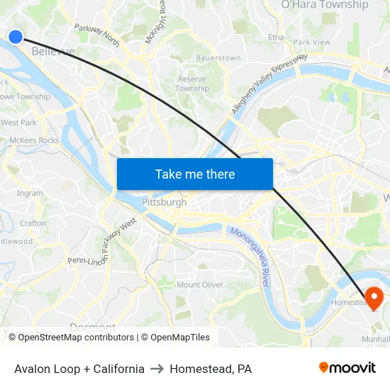 Avalon Loop + California to Homestead, PA map