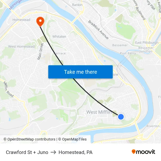 Crawford St + Juno to Homestead, PA map