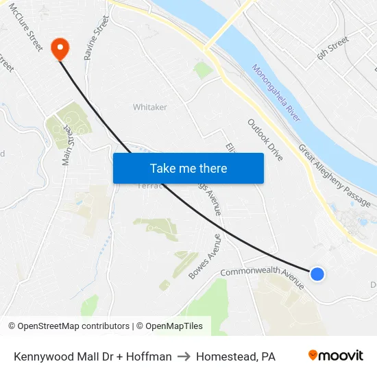 Kennywood Mall Dr + Hoffman to Homestead, PA map