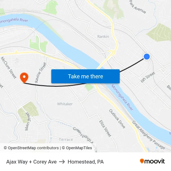 Ajax Way + Corey Ave to Homestead, PA map
