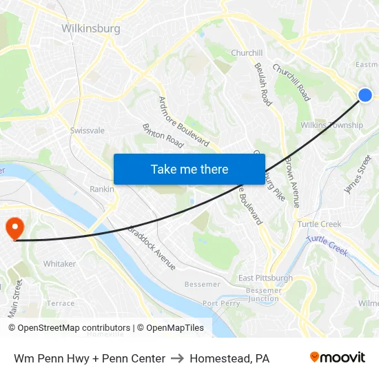 Wm Penn Hwy + Penn Center to Homestead, PA map