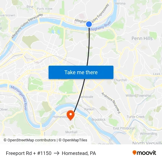 Freeport Rd + #1150 to Homestead, PA map