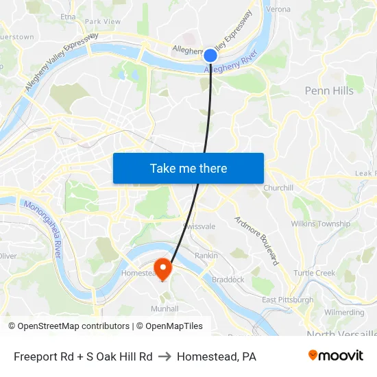 Freeport Rd + S Oak Hill Rd to Homestead, PA map