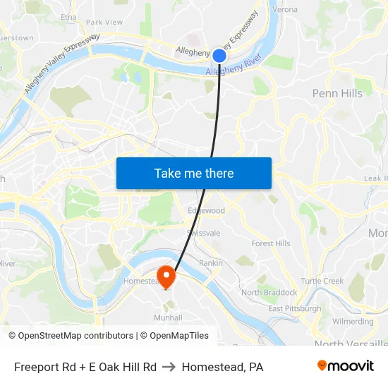 Freeport Rd + E Oak Hill Rd to Homestead, PA map