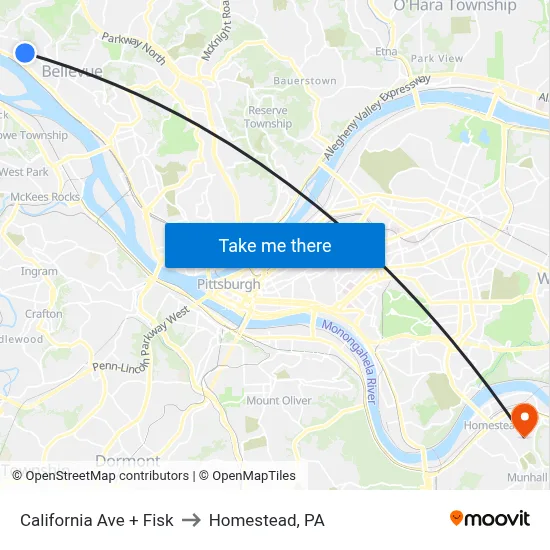 California Ave + Fisk to Homestead, PA map