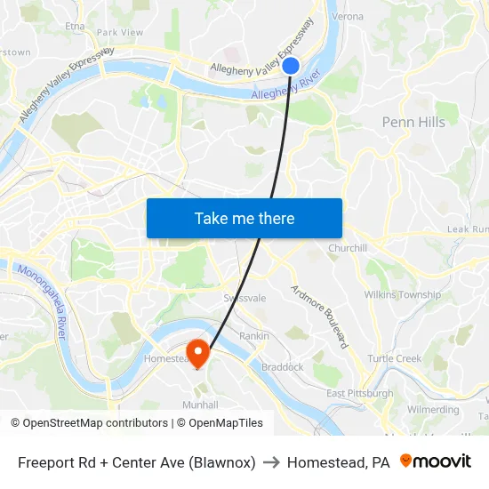 Freeport Rd + Center Ave (Blawnox) to Homestead, PA map