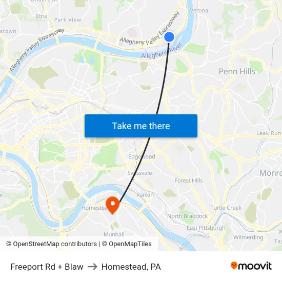 Freeport Rd + Blaw to Homestead, PA map