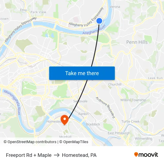 Freeport Rd + Maple to Homestead, PA map