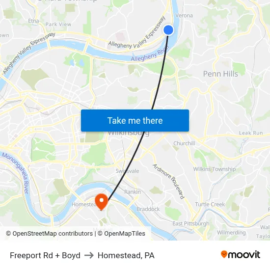Freeport Rd + Boyd to Homestead, PA map