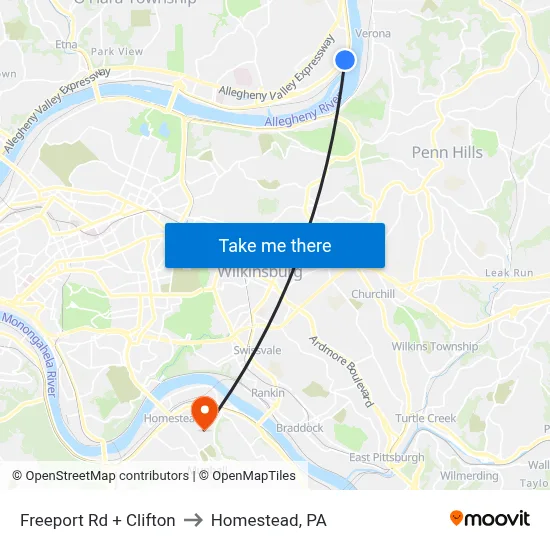 Freeport Rd + Clifton to Homestead, PA map