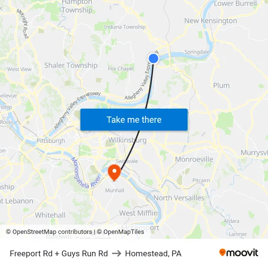 Freeport Rd + Guys Run Rd to Homestead, PA map