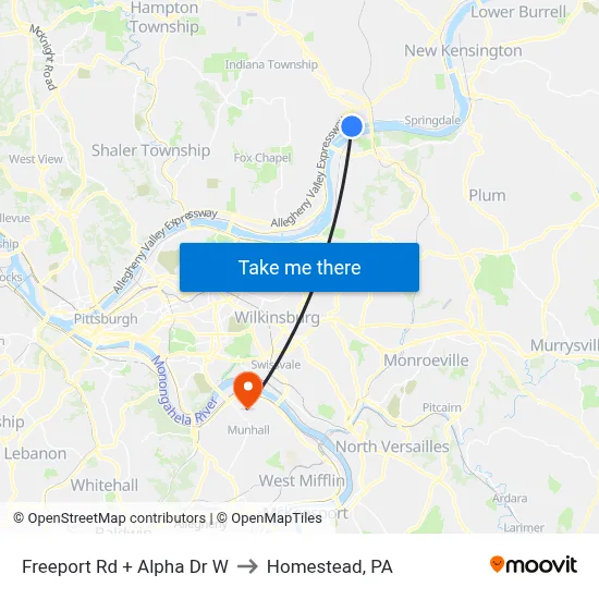 Freeport Rd + Alpha Dr W to Homestead, PA map