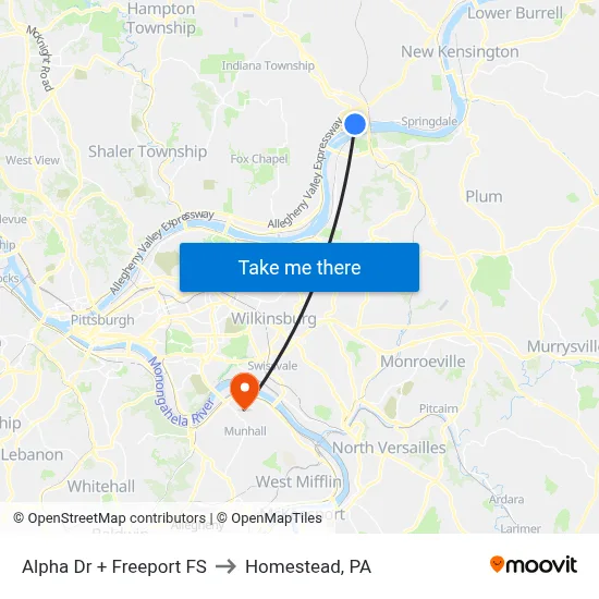 Alpha Dr + Freeport FS to Homestead, PA map