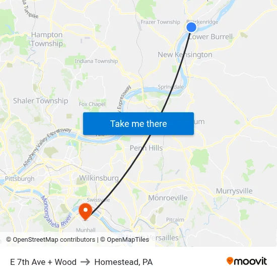 E 7th Ave + Wood to Homestead, PA map