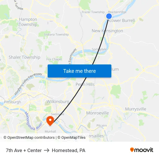 7th Ave + Center to Homestead, PA map