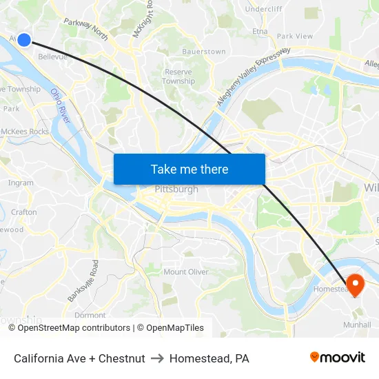 California Ave + Chestnut to Homestead, PA map