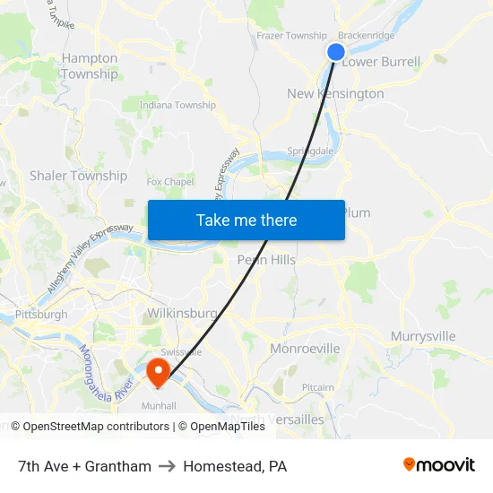 7th Ave + Grantham to Homestead, PA map