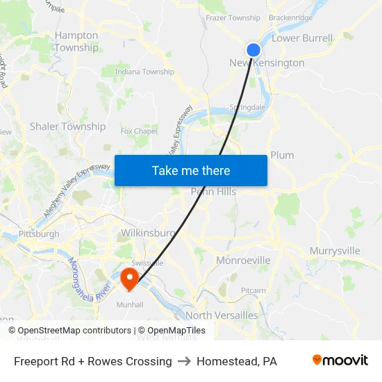 Freeport Rd + Rowes Crossing to Homestead, PA map