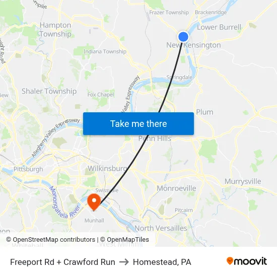 Freeport Rd + Crawford Run to Homestead, PA map
