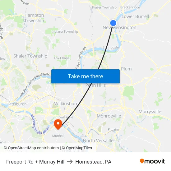 Freeport Rd + Murray Hill to Homestead, PA map