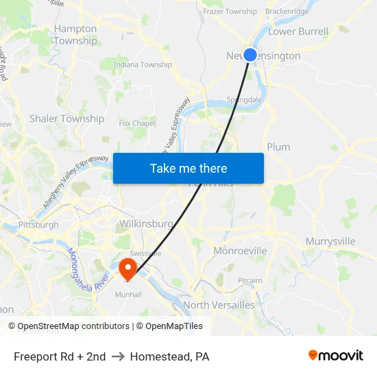 Freeport Rd + 2nd to Homestead, PA map