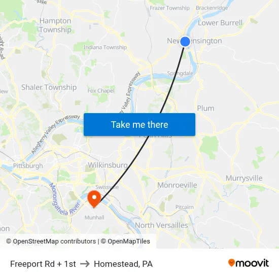 Freeport Rd + 1st to Homestead, PA map