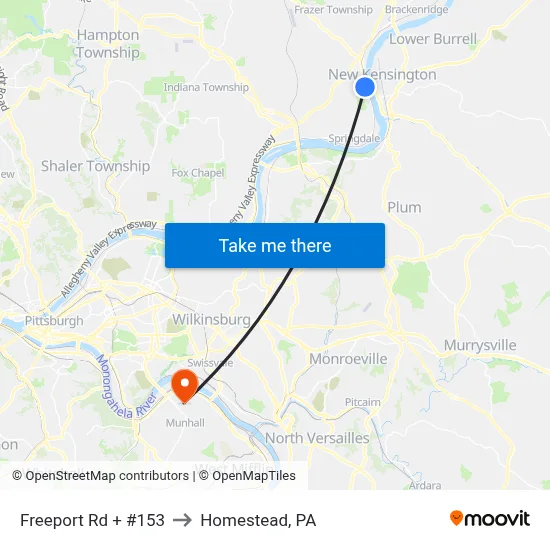 Freeport Rd + #153 to Homestead, PA map
