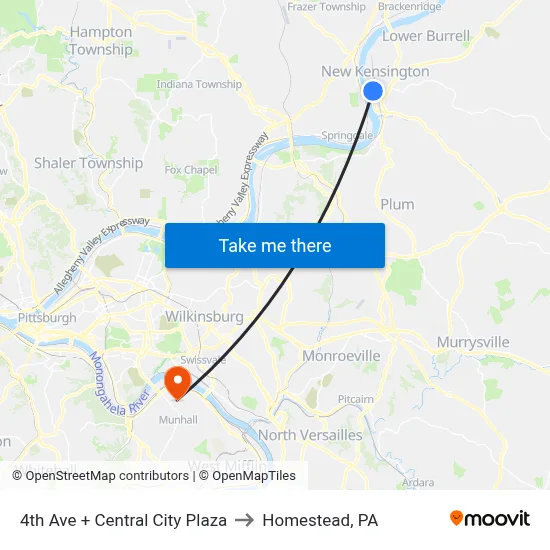 4th Ave + Central City Plaza to Homestead, PA map