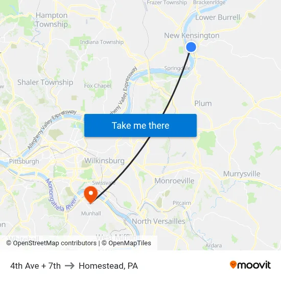 4th Ave + 7th to Homestead, PA map