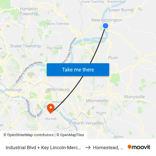 Industrial Blvd + Key Lincoln-Mercury to Homestead, PA map