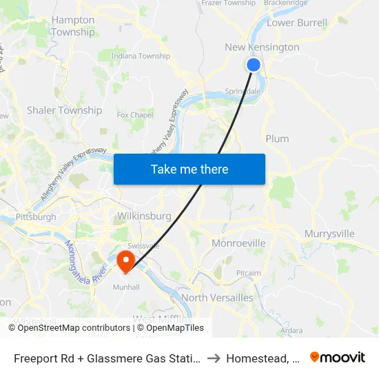 Freeport Rd + Glassmere Gas Station to Homestead, PA map