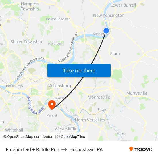 Freeport Rd + Riddle Run to Homestead, PA map