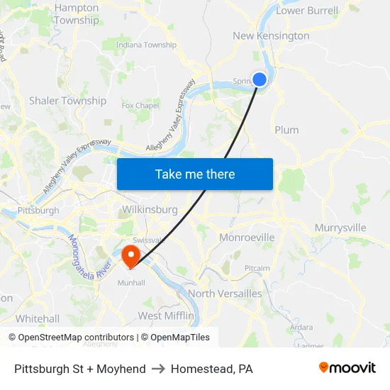 Pittsburgh St + Moyhend to Homestead, PA map