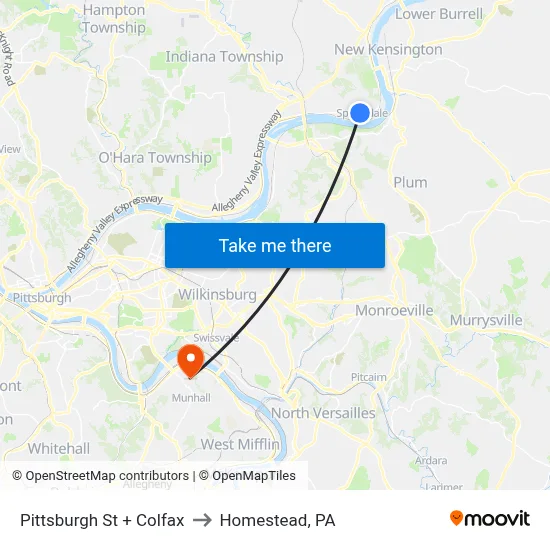 Pittsburgh St + Colfax to Homestead, PA map