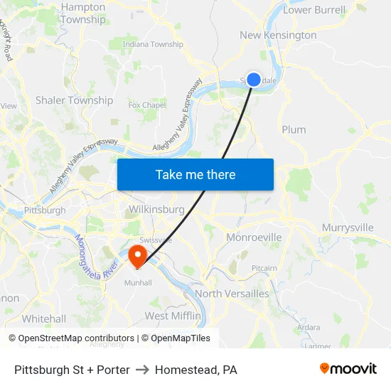 Pittsburgh St + Porter to Homestead, PA map