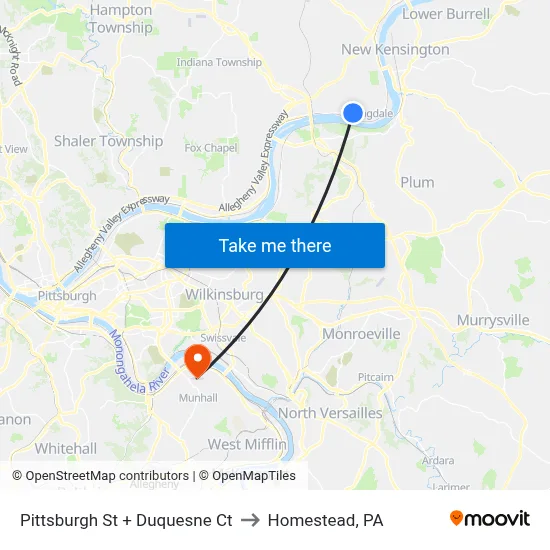 Pittsburgh St + Duquesne Ct to Homestead, PA map