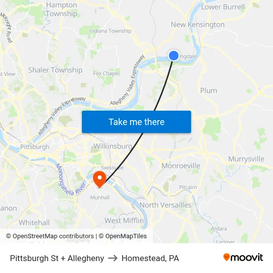 Pittsburgh St + Allegheny to Homestead, PA map