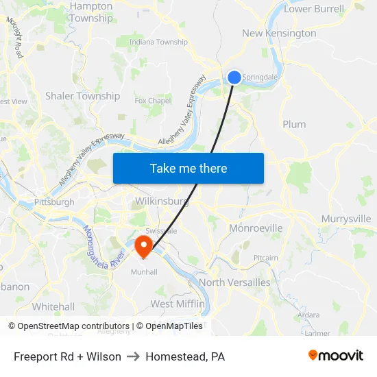 Freeport Rd + Wilson to Homestead, PA map
