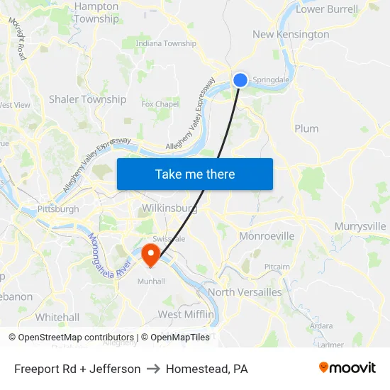 Freeport Rd + Jefferson to Homestead, PA map