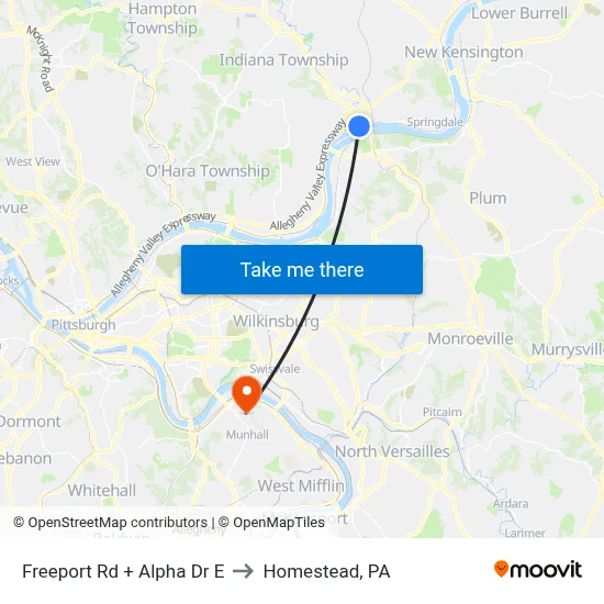Freeport Rd + Alpha Dr E to Homestead, PA map