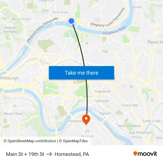 Main St + 19th St to Homestead, PA map