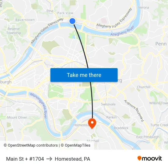 Main St + #1704 to Homestead, PA map