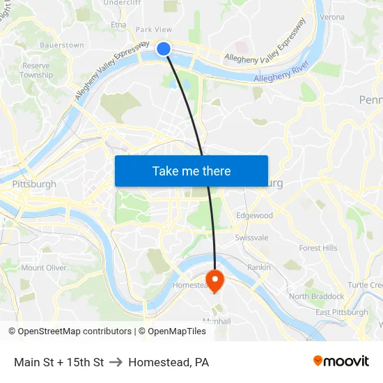 Main St + 15th St to Homestead, PA map
