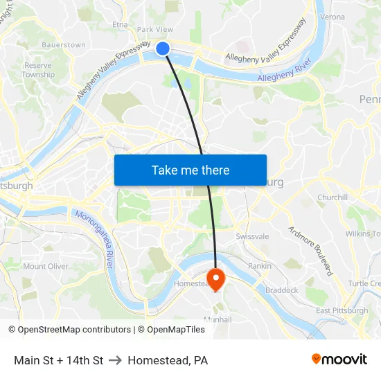 Main St + 14th St to Homestead, PA map