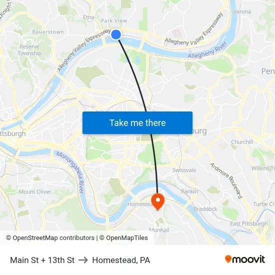 Main St + 13th St to Homestead, PA map