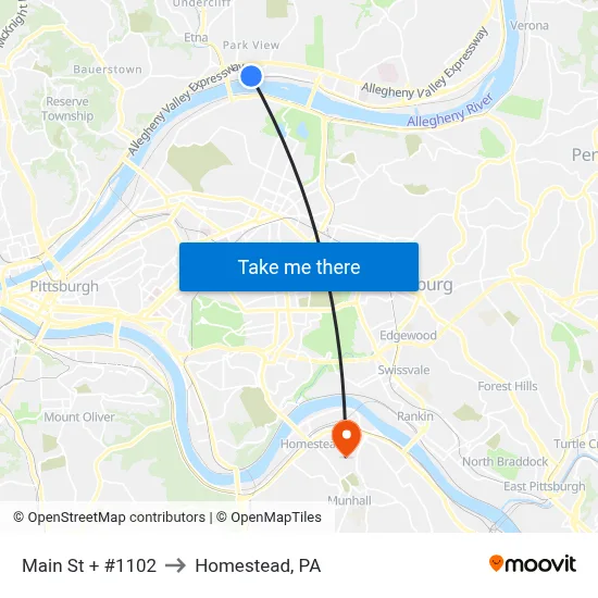 Main St + #1102 to Homestead, PA map