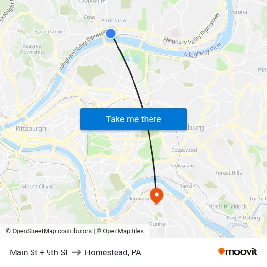 Main St + 9th St to Homestead, PA map