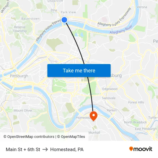 Main St + 6th St to Homestead, PA map